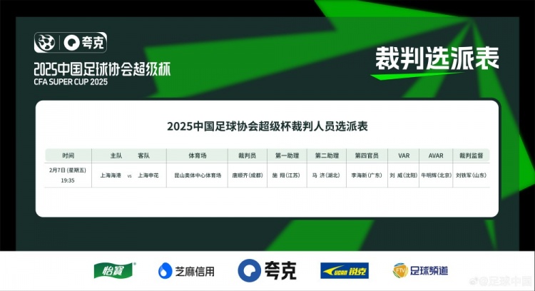  超级杯海港vs申花裁判员名单：主裁判唐顺齐，VAR刘威